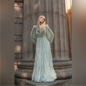 Mac Duggal 94081 Mint Green Boat Neck Long Sleeve Gown Sz 6 NEW